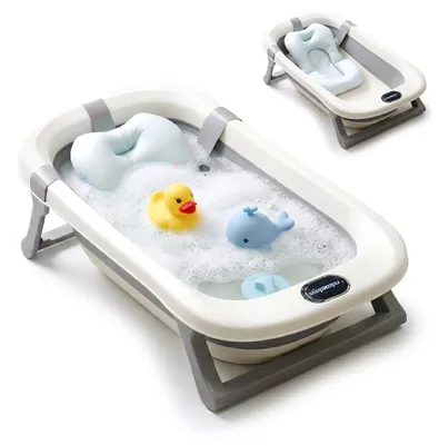 Obrázek produktu pro Skládací dětská vanička Relaxdays s měkkým polštářkem, do 30 kg, rozměry: 20 x 78 x 50 cm, vanička, PP, krémová/šedá