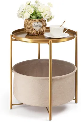 Image de Table d'appoint ronde avec panier en tissu, en métal, avec plateau amovible, couleur or et jaune