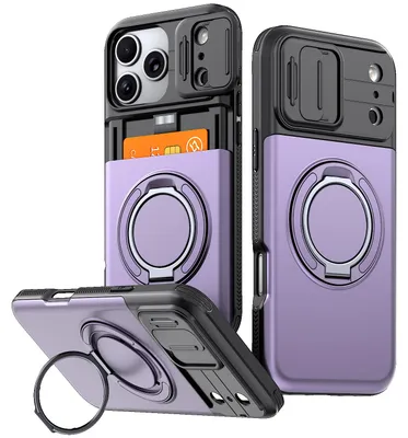 Image de Coque de protection pour iPhone 17 Pro avec porte-cartes, protection coulissante pour l'appareil photo, support à anneau et protection anti-choc, couleur violette