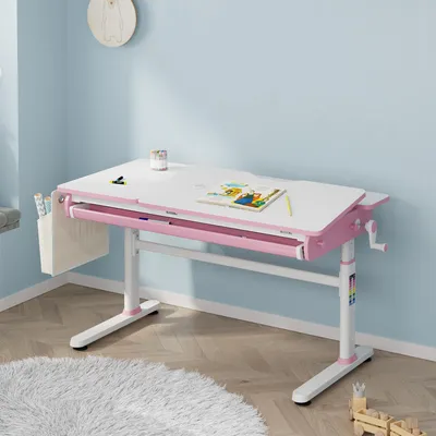 A child's desk in a room.