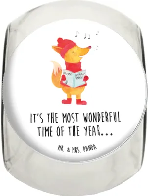 Produktbild von Mr. & Mrs. Panda Bonbonglas Fuchs Sänger L 870ml - Weiß - Geschenk, Vorratsbehälter, Weihnachtslieder, Heiligabend, Kaffeedose, Glasdose, Weihnachten, Dekoglas, keksglas