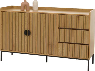 Zdjęcie produktu dla Kredens HWC-O39, komoda szafka kredens, 3 szuflady 2 drzwi, drewno melamina 80x130x42cm ~ naturalny