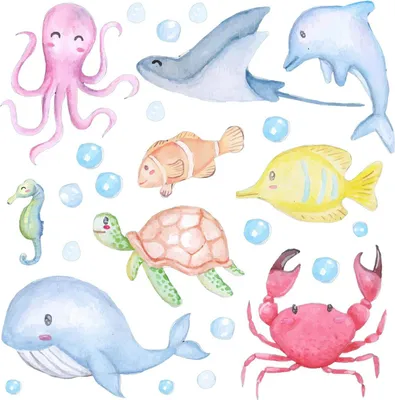 Produktbild von Wandaufkleber Kinderzimmer – Wandsticker für Baby & Kinder – Selbstklebende Wanddekoration – Abnehmbar ohne Rückstände – Deko für Mädchen & Jungen - Aquarell-Meerestiere in Pastellfarben60x85 cm