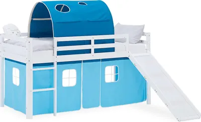 Image de Lit superposé 90x200 cm avec Toboggan Lit mezzanine en Bois Pin Massif Lit d'enfant Cadre de Lit Rideau Tunnel Bleu