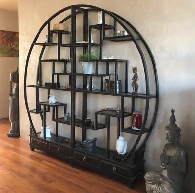 Produktbild von Chinesisches Rundregal, asiatischer Raumteiler, orientalisches Wandregal Möbel im Vintage-Stil Schrank Bookcase Regal Bücherregal schwarz