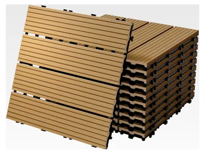 Produktbild von WPC Terrassenfliesen 30x30 cm, 55 Fliesen = 5m², Teak, geriffelt, Holzoptik, Bodenbelag mit Klicksystem und Drainage für Terrasse, Garten und Balkon