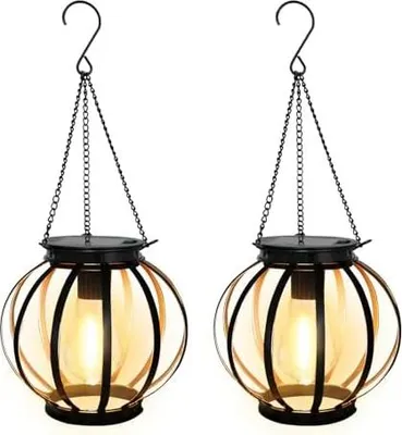 Produktbild von Solarlampen für Außen Hängend, 2 Stück Solarlaterne für Außen mit LED-Glühbirne, Metall Solarleuchten mit Haken und Kette IP65 Wasserdicht für Terrasse Rasen Balkon Hof Gartendeko