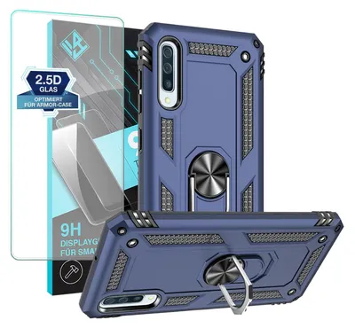 A blue phone case with a ring stand and a screen protector are displayed.
