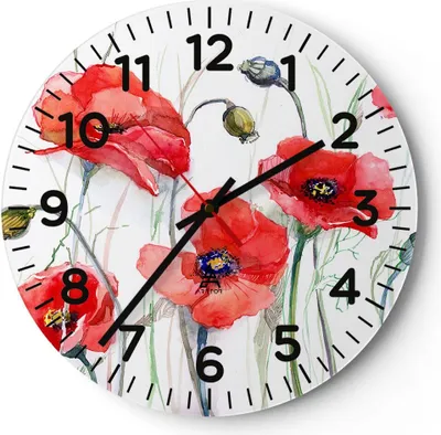 Produktbild von Wanduhr - Rund - Glasuhr - Blume Mohn Wiese - 30x30cm - Schleichendes Uhrwerk - Lautlos - zum Aufhängen bereit - Dekoration Modern - Wanddekoration aus Glas - C4AR30x30-3584