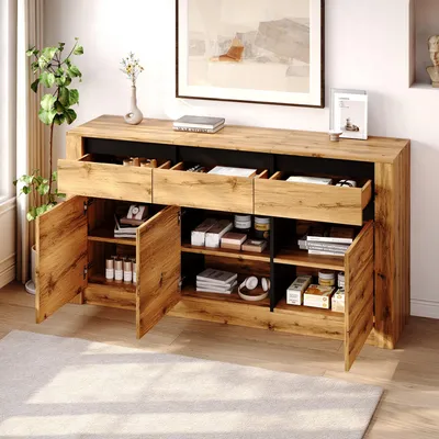 Produktbild von Sideboard 140×35×70cm aus Spanplatte moderner Kommode Kabinett mit 9 Lagerbereiche naturholzfarbener Beistellschrank mit 3 Schubladen & Schrankfächern