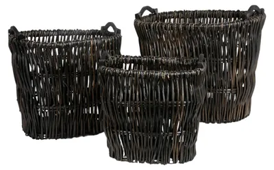 Image de Paniers en osier, lot de 3, ovale, brun/noir Panier de rangement Décoratif Panier à bois de cheminée