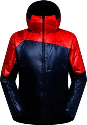 Rote und dunkelblaue La Sportiva Alpine Guide Primaloft Hoody Jacke mit Kapuze und durchgehendem Reißverschluss