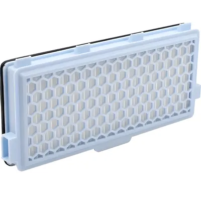 A light blue air filter with a hexagonal grid pattern.