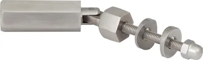 A close-up, studio shot of a metal cable tensioning device with nuts and washers.