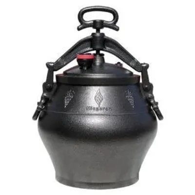 A black pressure cooker is shown against a white background.