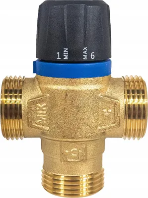 A brass thermostatic mixing valve with a black adjustment knob and blue collar.