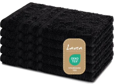 Produktbild von Lavea® 5er Set Gästehandtücher 30x50 cm – Weiche und Saugstarke Gästetücher aus 100% Baumwolle, Frottierserie Elena – Schwarz