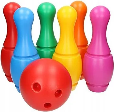 Produktbild von Farbenfrohes Kunststoff Kegelspiel Set für Kinder, 6 Kegel, 1 Kugel, 32,5 cm, für drinnen und draußen