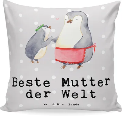 Produktbild von Mr. & Mrs. Panda Deko Kissen Pinguin Beste Mutter der Welt - Grau Pastell - Geschenk, 40x40, Sofakissen, Ma, Danke, Geschenkidee, Dekokissen, Zierkissen, Dankeschön, Sofa