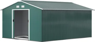 Produktbild von Gerätehaus 12,4 m², Gartenhaus mit Pultdach, Schiebetür, Fundament, 340 x 386 x 200 cm, Geräteschuppen aus Verzinkter Stahl, wetterfest, für Garten, Dunkelgrün