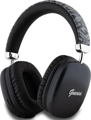 A pair of black GUESS headphones is shown against a white background.