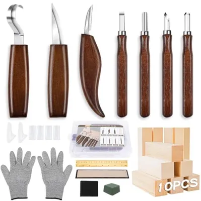 Produktbild von PromoHome® 23-in-1 Holzschnitzset mit 7 Messern, Handschuhen, Schleifstein – Holzbearbeitung für Anfänger