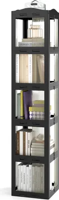 Obrázek produktu pro COSTWAY 360° otočný regál na knihy, 36,5x36x174 cm stojící regál s protiskluzovými podložkami a průhlednými panely, úložný regál kancelářský regál černý