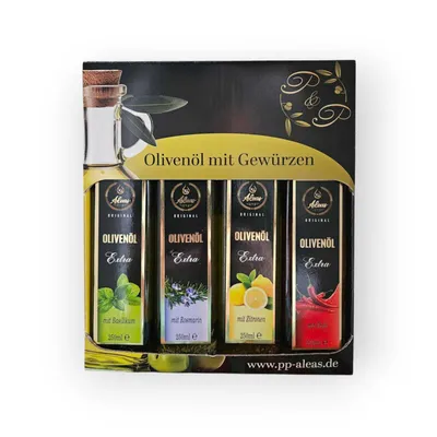 Produktbild von Geschenkset Olivenöl mit Gewürzen Aleas: Basilikum, Zitronen, Rosmarin, Chilli 4x250ml