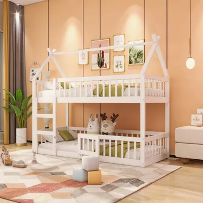 Produktbild von Merax Etagenbett 90x200cm mit Leiter und Tür, Kinderbett mit Rausfallschutz und Dach, Hochbett mit Lattenrost, Kieferholz Stockbett Jugendbett, Weiß