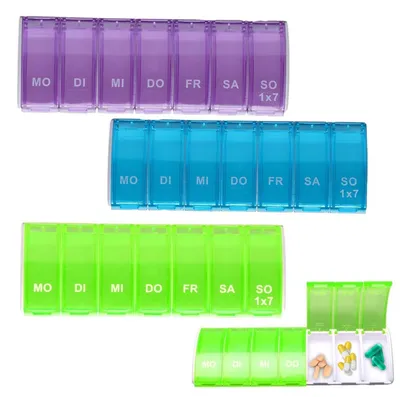 Immagine prodotto di Contenitore per pillole da 7 giorni, set da 3 pezzi, blu, viola e verde, ideale per il viaggio