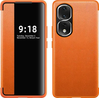 Image de Etui pour Honor 80 Pro Etui plat et fin en cuirPolyuréthaneavec fenêtre d'affichage Orange