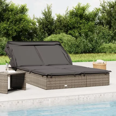Image de The Living Store Bain de soleil 2 personnes avec toit Gris 213x118x97 Poly rotin