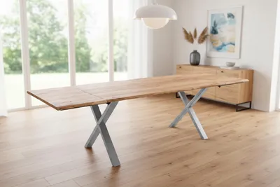 Produktbild von Esstisch Baumkante Akazie natur 180(280)x90 Ansteckplatten X-Gestell silber AVINO