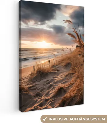Produktbild von MuchoWow® - Leinwandbilder - Strand - Dünen - Meer - Sand - Hochgras, Wandbild, Wanddeko Bilder Wohnzimmer, 60x90cm