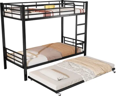 Produktbild von Etagenbett mit Ausziehbett, Lattenrost und Rausfallschutz, 90x200cm, Kinderbett, Jugendbett, Metallbett
