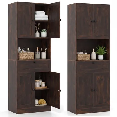 Imagen del producto de COSTWAY, armario de baño, mueble alto con 4 puertas y 1 cajón, estante abierto, estantería de 3 niveles, armario de almacenamiento, 60 x 35 x 171,5 cm, color marrón oscuro