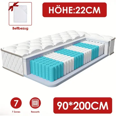 Immagine prodotto di Materasso Gronfont 140x200/90x200 cm, materasso a molle insacchettate di alta qualità, materasso ergonomico a 7 zone, altezza 22 cm, rigidità H3, materasso a molle con