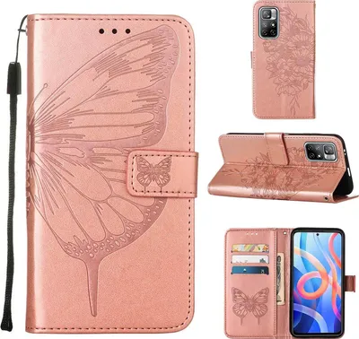 Obrázek produktu pro Xiaomi Poco M4 Pro 5G Pouzdro, Motýlí Reliéf Flip Kožené Pouzdro s Kapsami na Karty a Stojánkem pro Xiaomi Poco M4 Pro 5G Růžové zlato