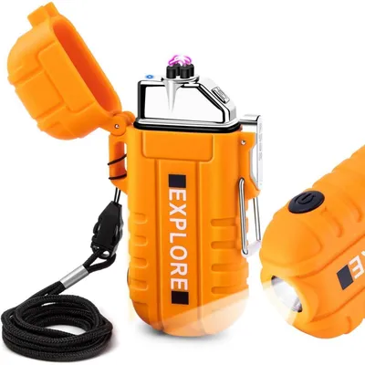 Produktbild von Elektrisches Feuerzeug mit Taschenlampe, winddicht, Lichtbogen, USB aufladbar, Orange