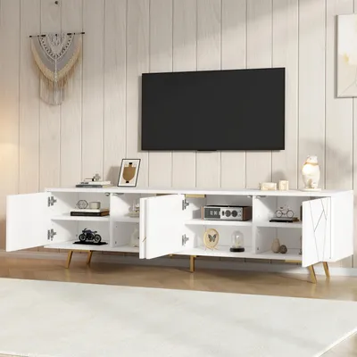 Immagine prodotto di okwish, mobile TV, basso con spazio contenitore e 4 ante, mobile per soggiorno con gambe in metallo, bianco