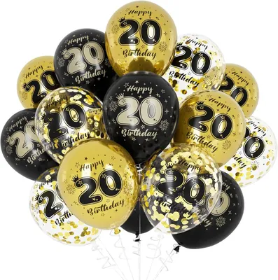 Immagine prodotto di Set di 20 palloncini per il 20° compleanno, colore nero e oro, con numeri e decorazioni, ideale per feste di compleanno