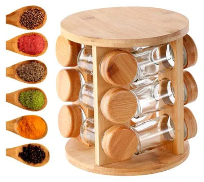 Produktbild von Gewürzorganizer aus Holz - Aufbewahrung für Gewürzgläser in der Küche, drehbare Gewürzbox