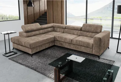 Produktbild von L-Form Polsterecke Sorento L Schlafecke mit Bettkasten modernes Corner Sofa mit Kopfstützen, Stoff: sally 03 - hellbraun, Ottomane: links