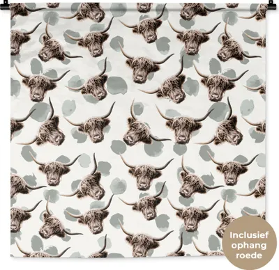 Produktbild von MuchoWow® Wandteppich Wandbehang Schottisches Hochlandrind - Kuh - Muster 90x90 cm Tapisserie Dekoration Wandtuch - Wandaufhänger