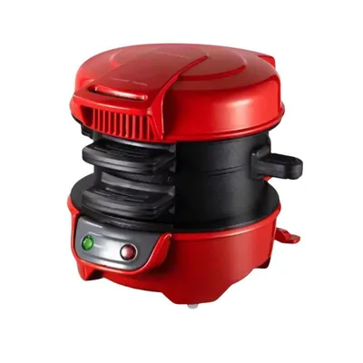 A red and black burger maker is shown against a white background.