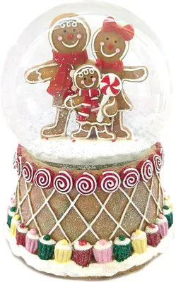 Produktbild von Schneekugel mit Lebkuchenfiguren als Spieluhr und bunt verziertem Sockel mit Musik, Licht und Schneeantrieb, batteriebetrieben, Kugeldurchmesser: 100mm, Höhe: 15m, Lied: „Jingle Bells“