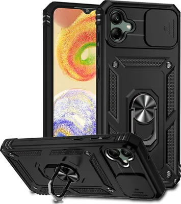 Image de Étui pour Samsung Galaxy A04 étui double couche avec couvercle coulissant pour appareil photo et anneau de support noir