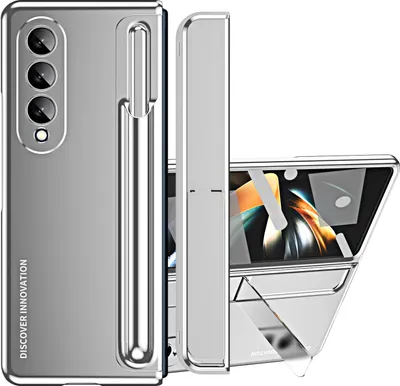 A silver-colored phone case for a foldable phone is shown from multiple angles, including a side view and a view of the phone unfolded inside the case.