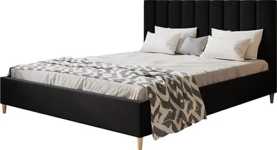 Produktbild von Polsterbett LUX TOKIO mit Kopfteil, 140 x 200 cm, Doppelbett mit Lattenrost aus Holz, Velourstoff Schwarz, Füße in Farbe: Braun