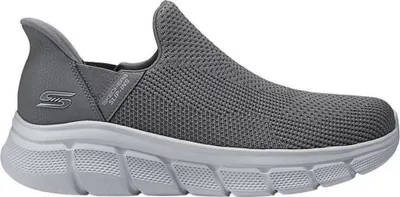 A single gray Skechers slip-on sneaker is shown from the side against a white background.